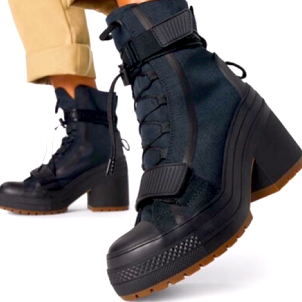 Converse heeled combat boots, black, size 7.5, excellent condition.